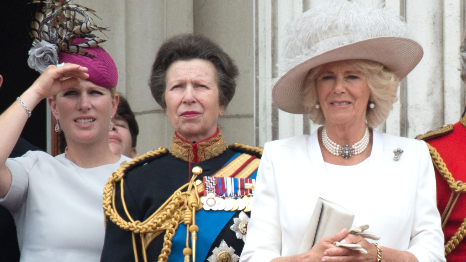 Zara Tindall with Princess Anne, Queen Camilla, King Charles, Princess Kate, a baby Princess Charlotte, Prince George and Prince William on Buckingham Palace balcony