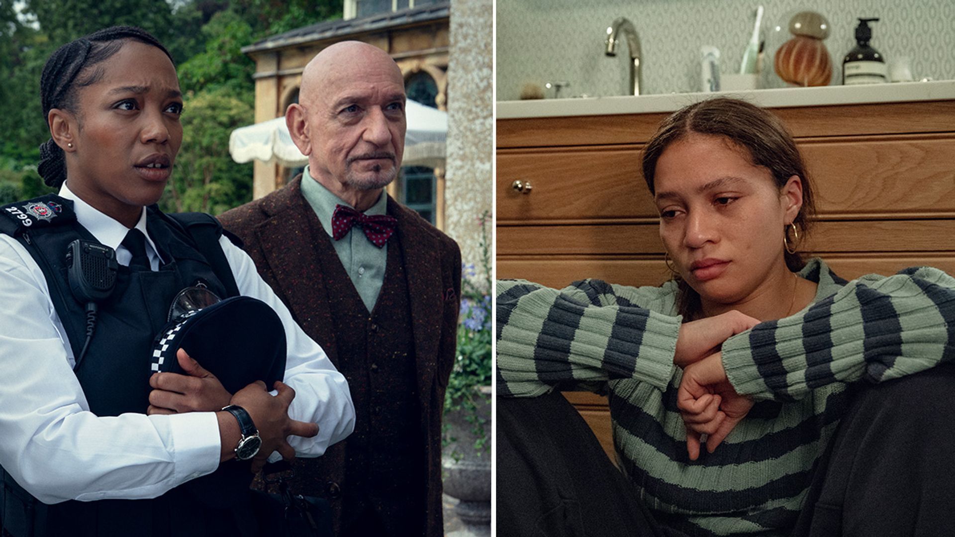 police officer and man in suit, split image with teenage girl sitting on bathroom floor