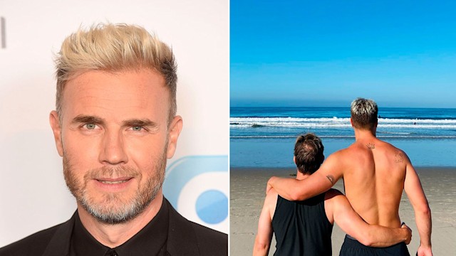 split photo of man posing in black suit and man with son at beach