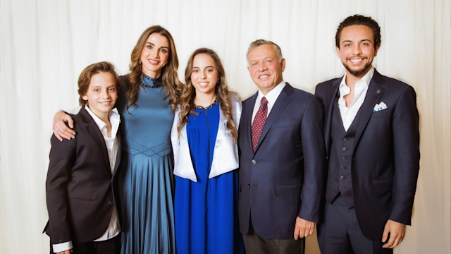 Prince Hashem, Queen Rania, Princess Salma, King Abdullah and Crown Prince Hussein in a row