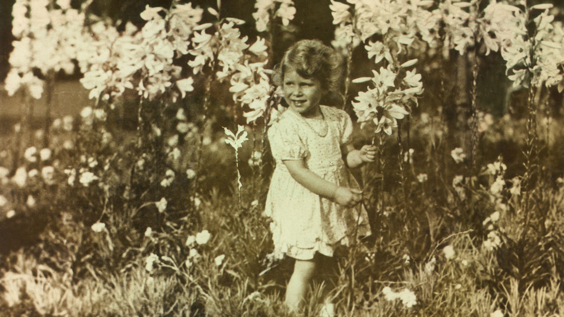 A young Queen Elizabeth pciking flowers