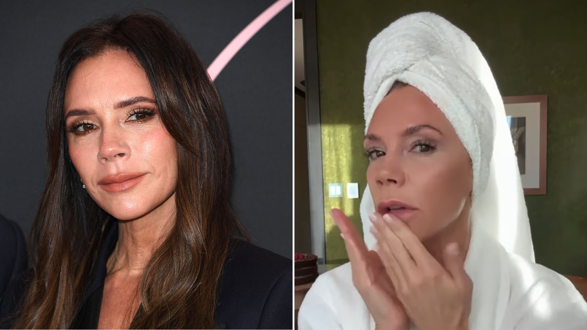 Split image showing Victoria Beckham at event and at home