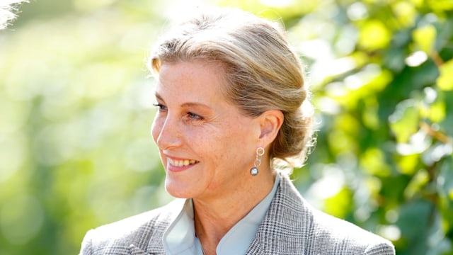 Sophie, Duchess of Edinburgh smiling in plaid blazer