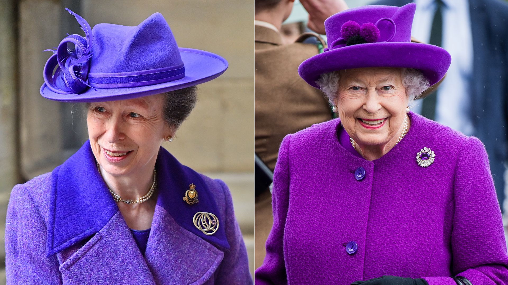 Princess Anne wearing a purple suit beside Queen Elizabeth II also wearing a purple jacket