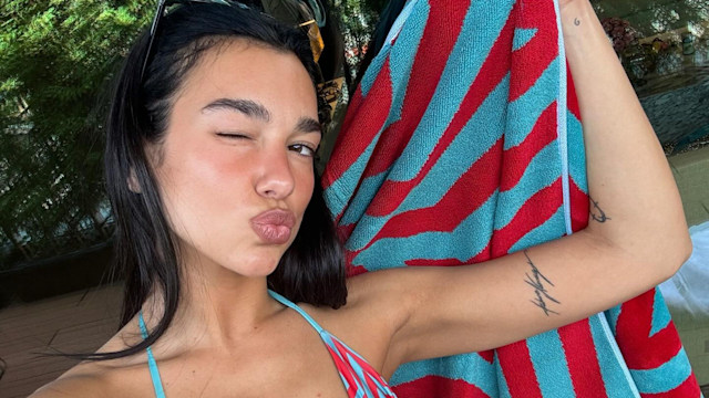 Dua Lipa poses in a blue and red bikini on her Instagram