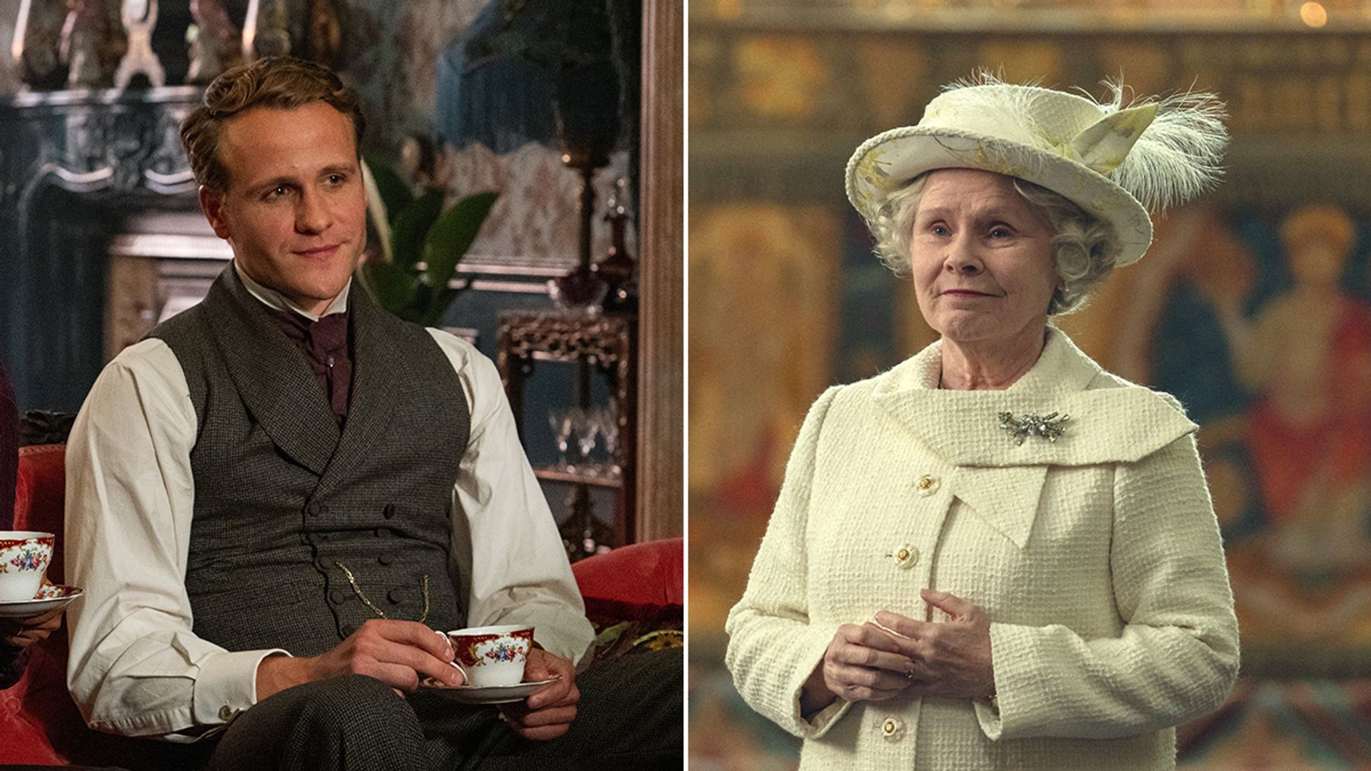 Split image of Josh Dylan in The Buccaneers and Imelda Staunton in The Crown