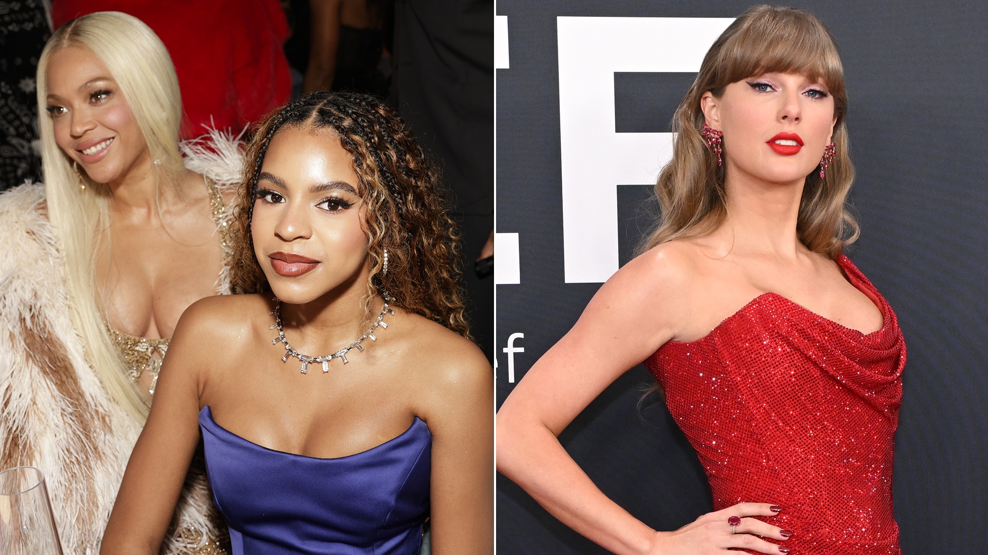 Split image showing Blue Ivy with Beyoncé and Taylor Swift at the Grammys