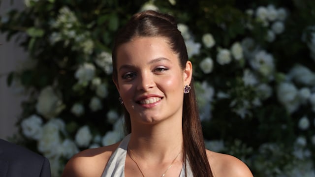 Ana Maria Morales of Greece arrives at the Annunciation Cathedral of St. Mary to attend the wedding of Theodora of Greece, fourth daughter of King Constantine II of Greece, to Matthew Kumar, Sept. 28, 2024, in Athens, Greece.