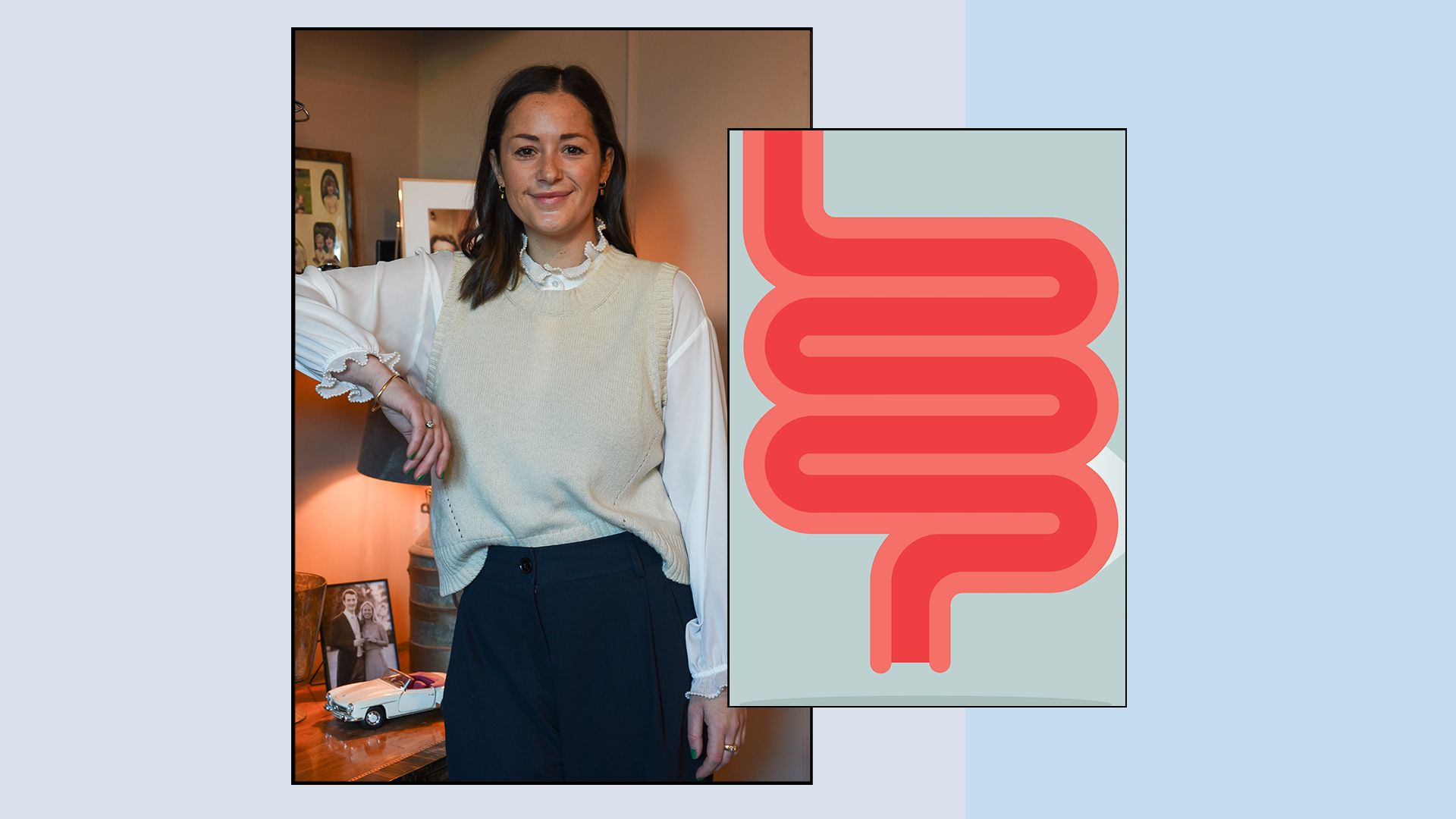Split screen photo of a woman and an illustration of a colon