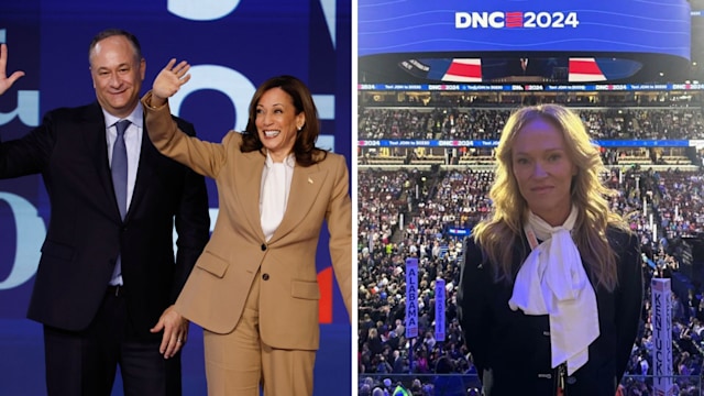 Split image of Kamala Harris with Doug Emhoff, and Kerstin Emhoff, at the Democratic National Convention