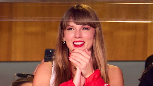 Taylor Swift cheers from a suite as the Kansas City Chiefs play the Chicago Bears at GEHA Field at Arrowhead Stadium on September 24, 2023 in Kansas City, Missouri. 