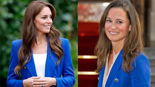 Kate Middleton and Pippa Middleton wearing blue blazers