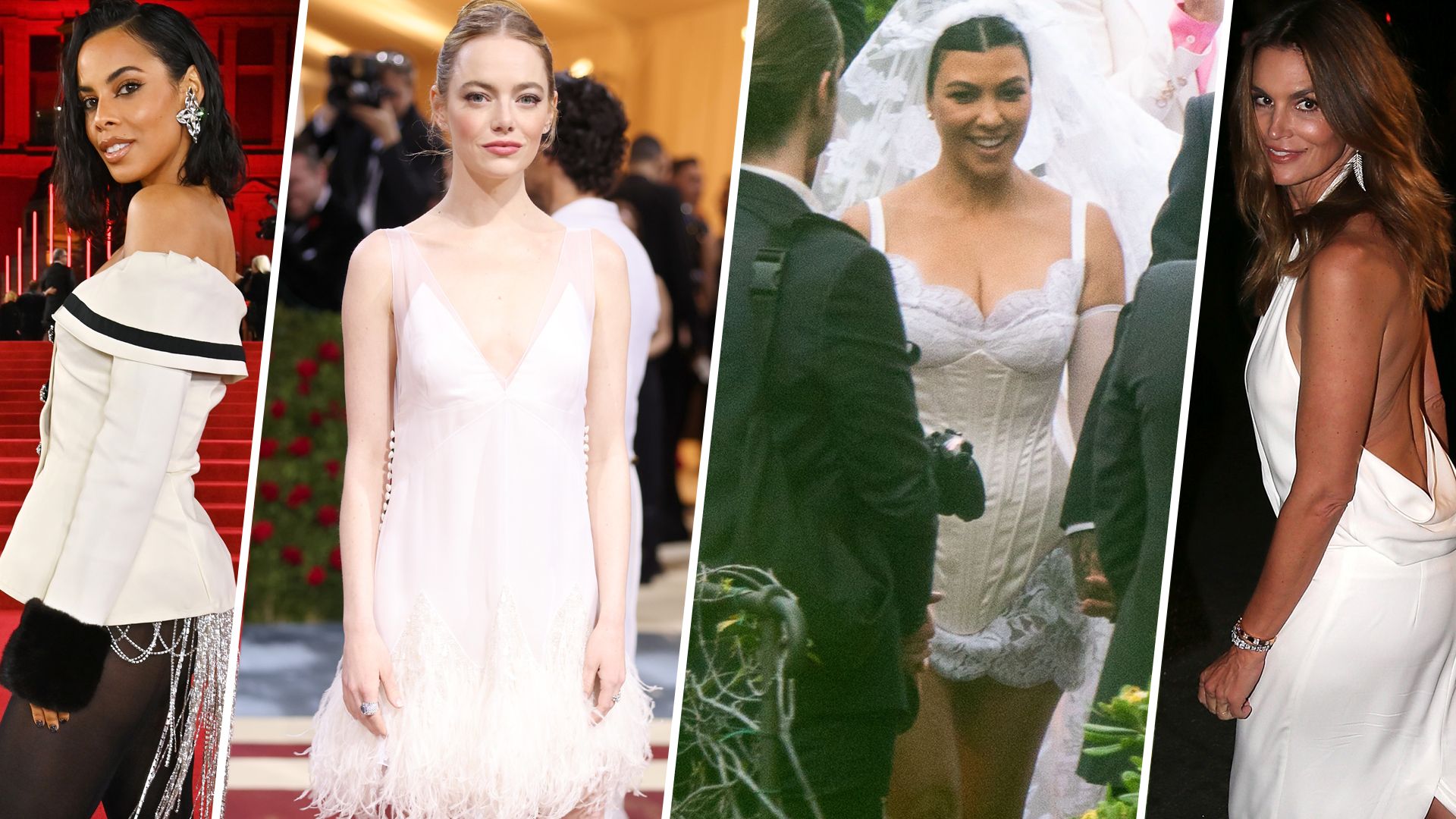 Celebrity brides with short wedding dresses, including Rochelle Humes, Emma Stone, Kourtney Kardashian and Cindy Crawford