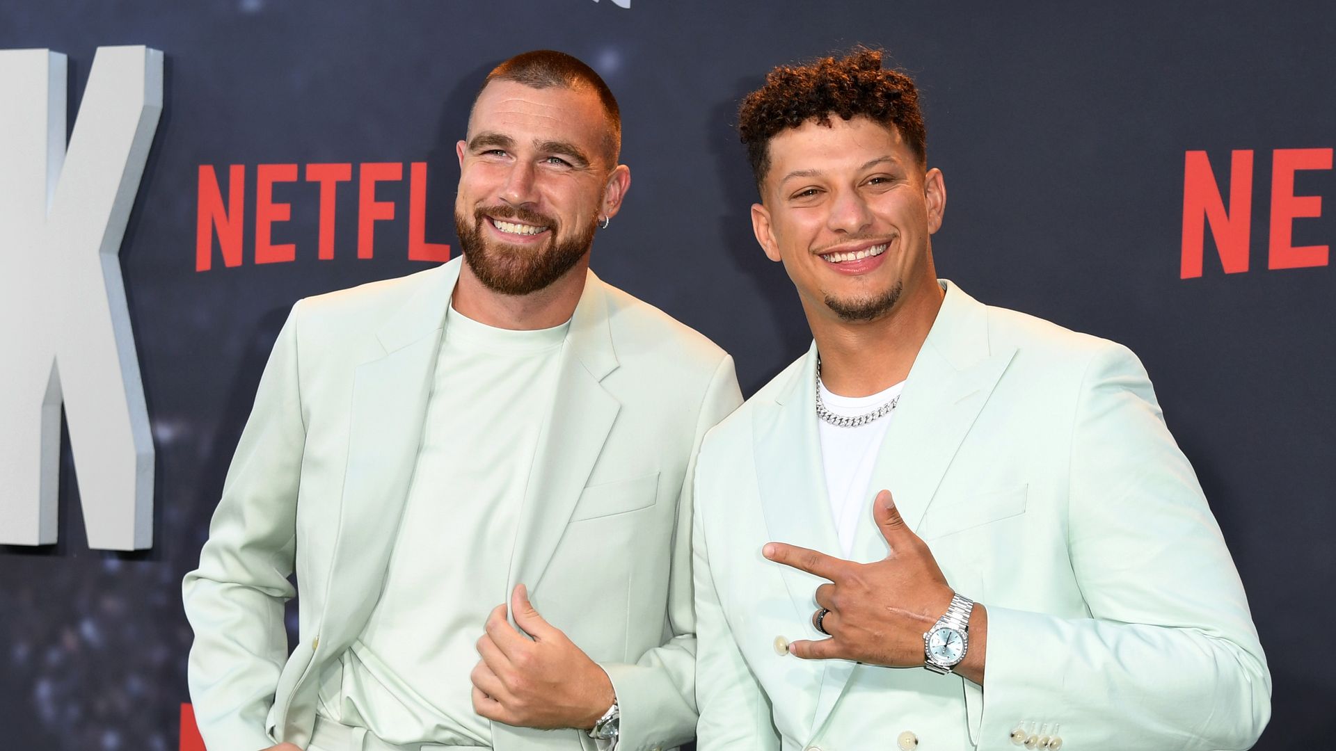 Travis Kelce and Patrick Mahomes attend the Los Angeles Premiere Of Netflix's "Quarterback" at TUDUM Theater on July 11, 2023 in Hollywood, California