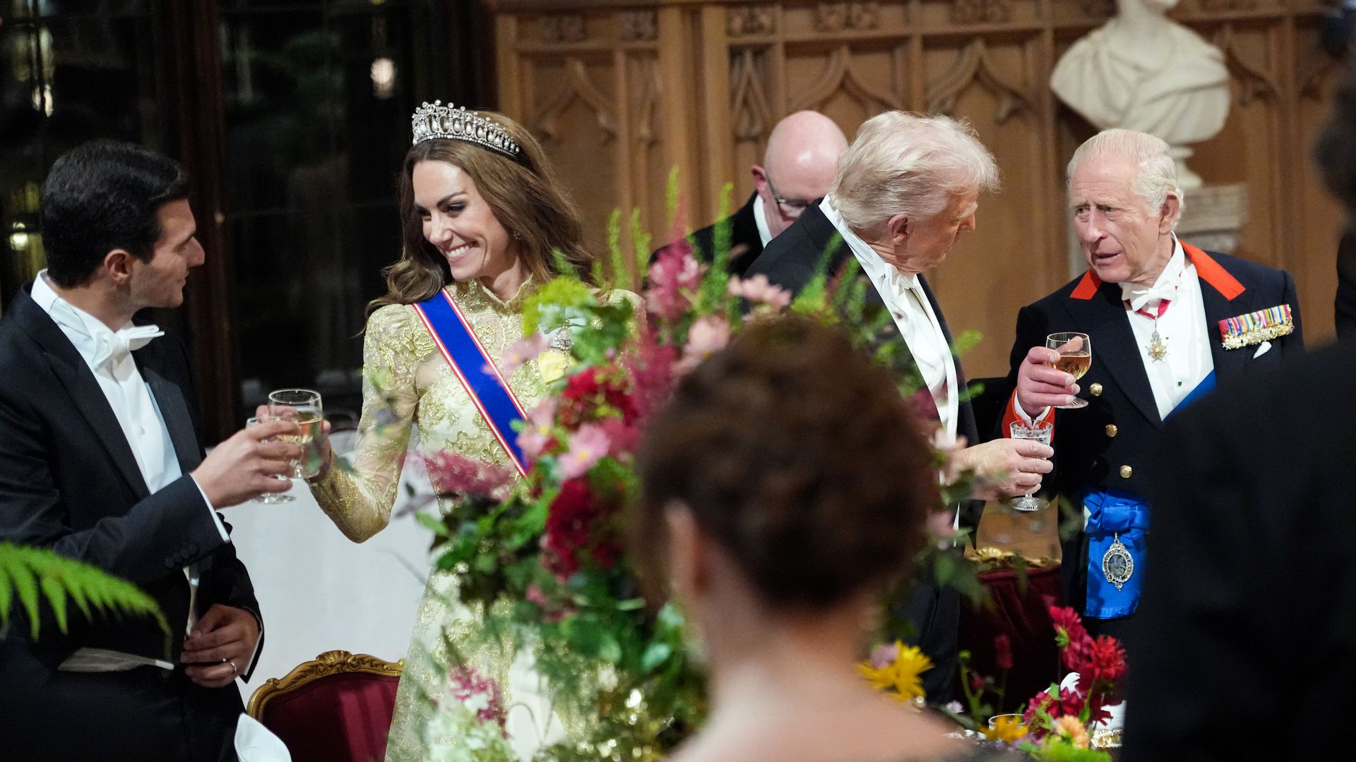 Kate Middleton clinking glasses with Michael Boulos, while Donald Trump does the same with King Charles