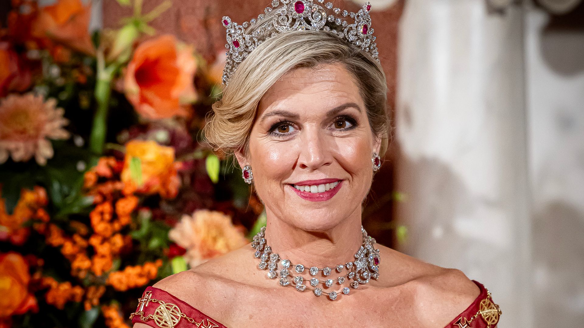 Queen Máxima is resplendent in ruby tiara and unusual gown 