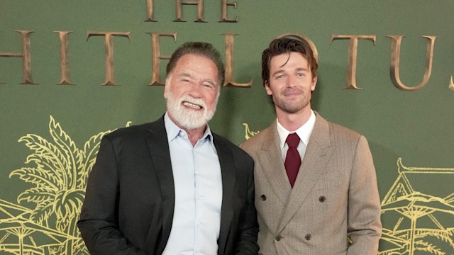 Arnold Schwarzenegger and Patrick Schwarzenegger attend the world premiere of "The White Lotus" Season 3 at Paramount Studios on February 10, 2025 in Los Angeles, California
