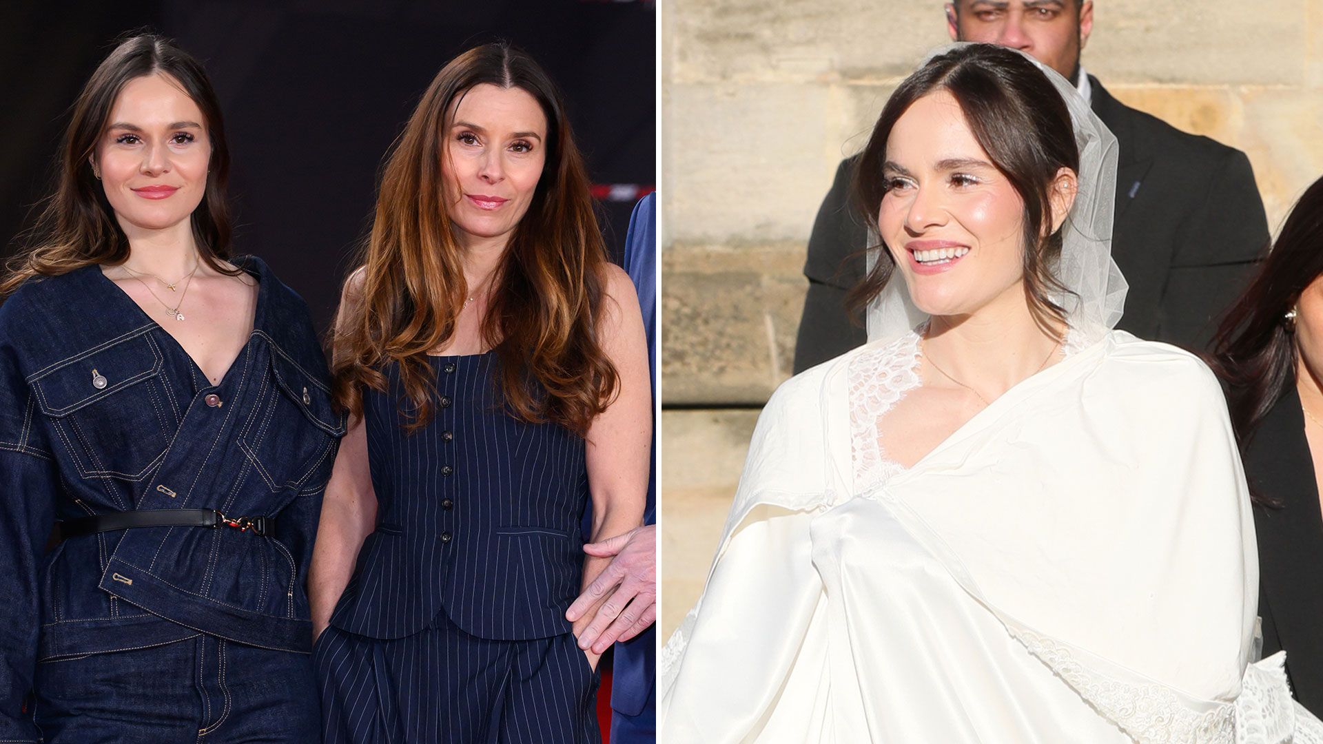 Holly Ramsay with mum tana in dark denim beside photo of holly in white on wedding day