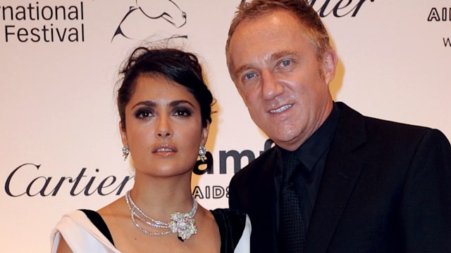 Salma Hayek in a white dress with her husband