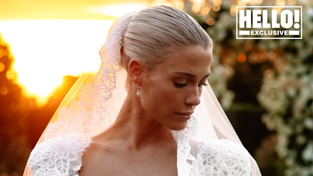 Lady Amelia Spencer wearing lace veil and versace wedding dress in HELLO exclusive photo