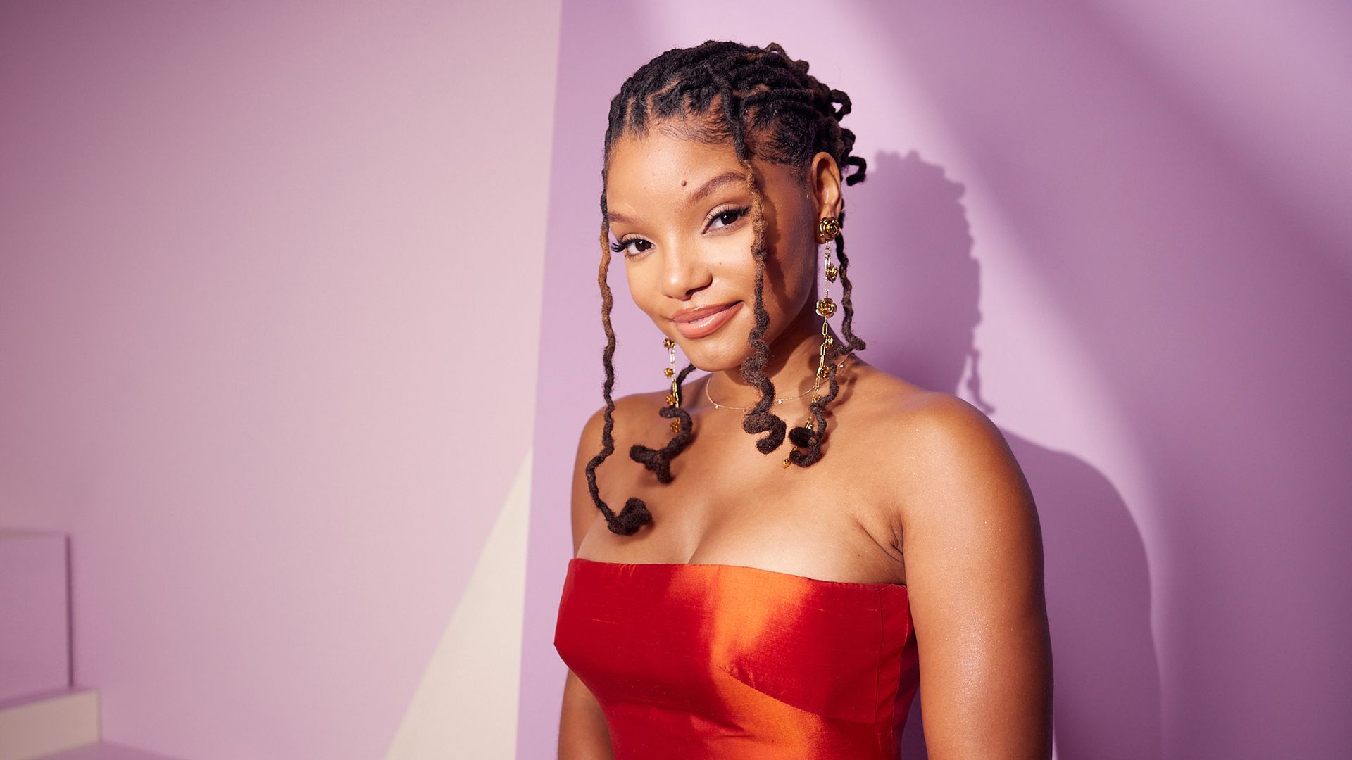 Halle Bailey poses at the IMDb Official Portrait Studio during D23 2022 at Anaheim Convention Center on September 09, 2022 in Anaheim, California