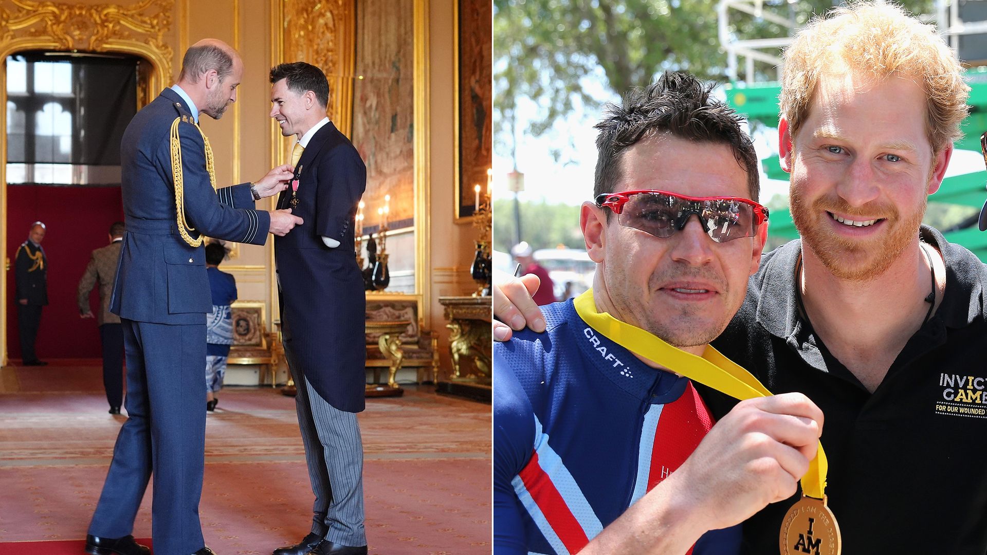 William presenting Jaco van Gass with his OBE, and Jaco van Gass with Prince Harry