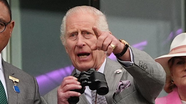 King Charles pointing while holding a pair of binoculars