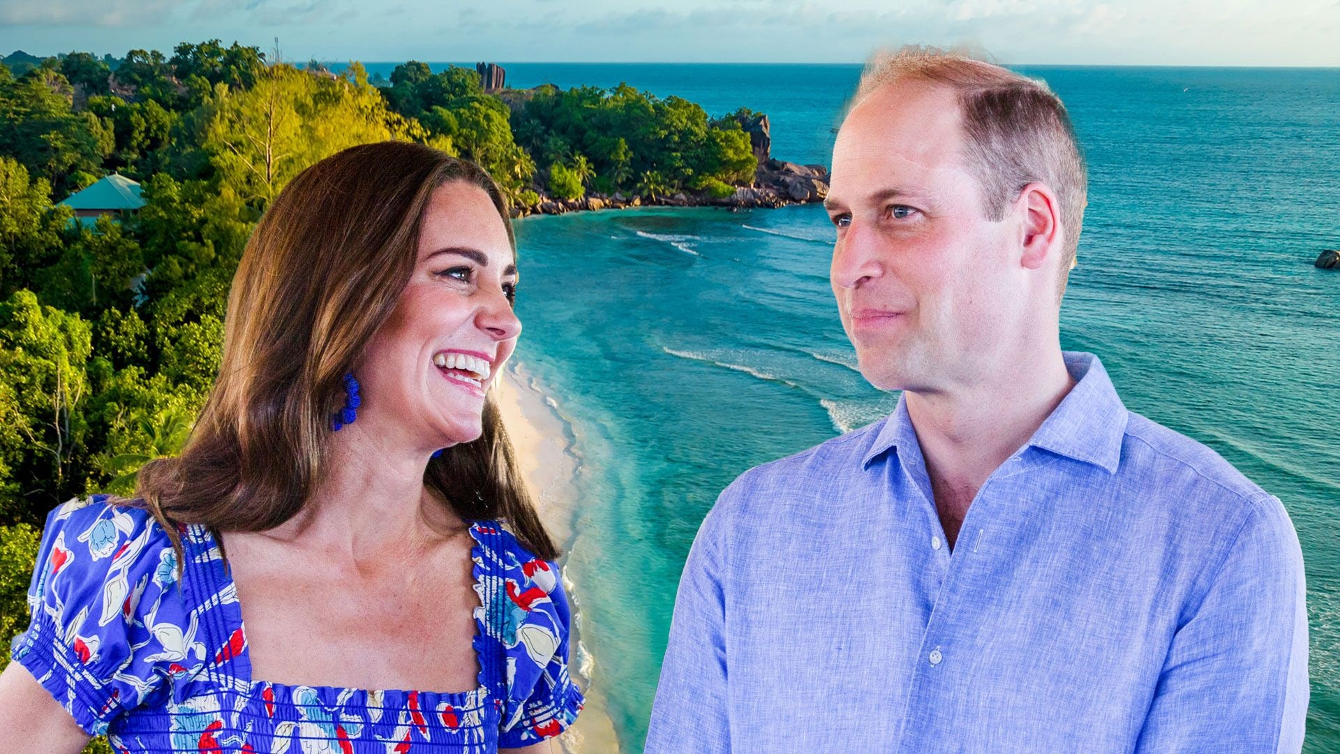 William and Kate with seychelles beach backdrop