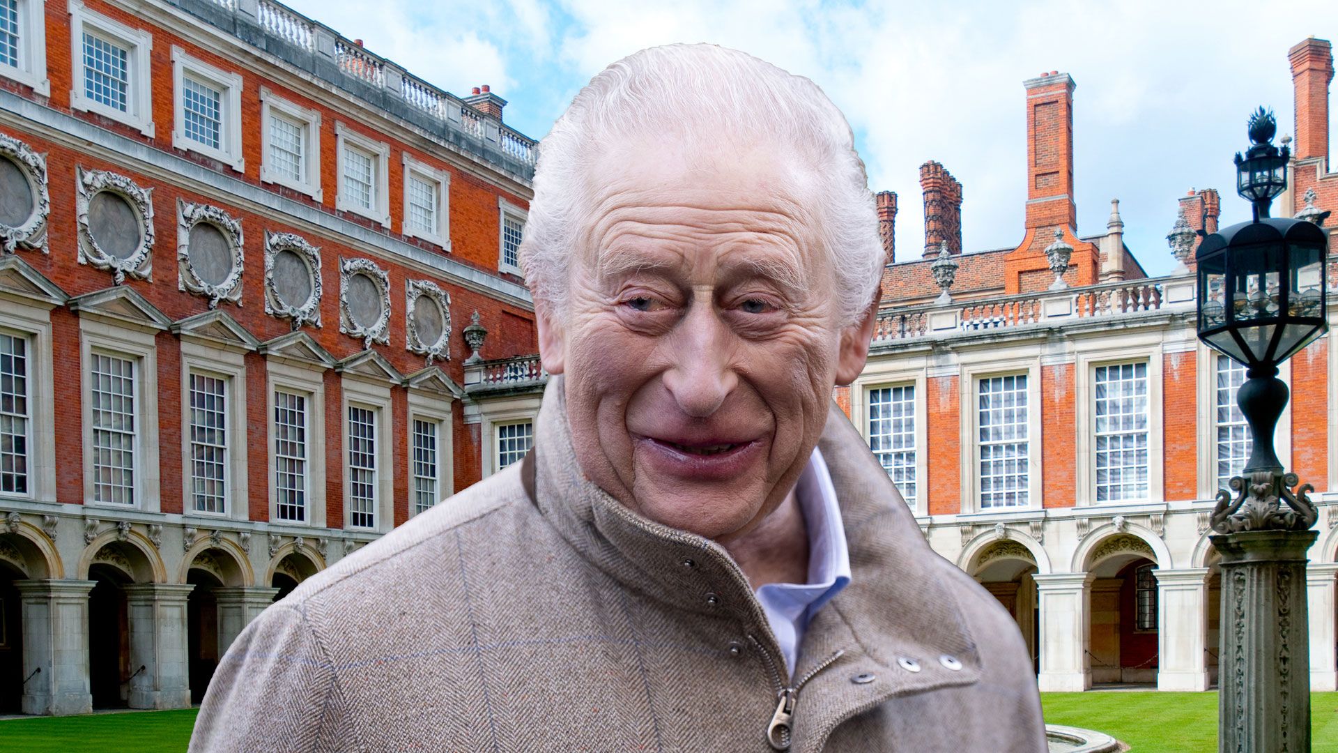 King Charles over exterior shot of hampton court palace