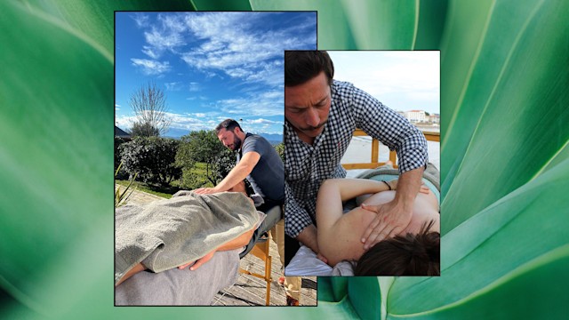 collage of a man giving a woman a massage