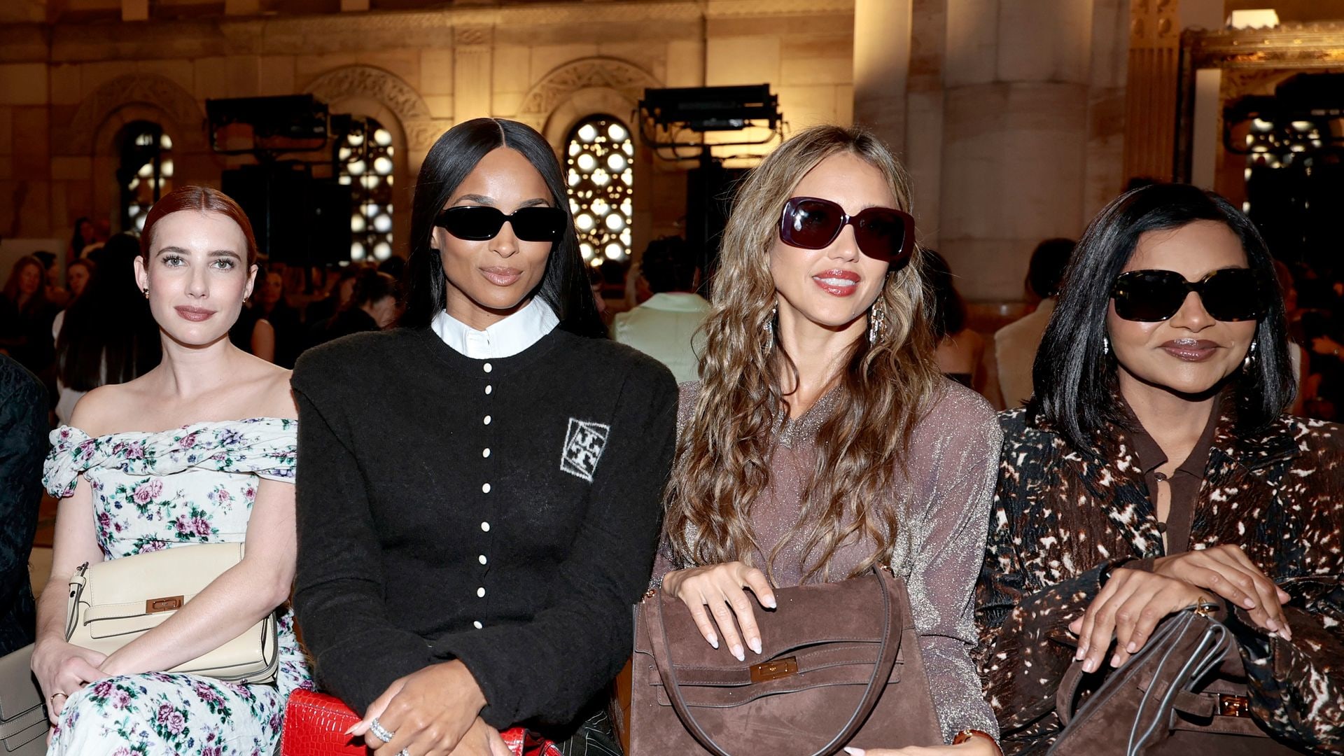 (L-R) Naomi Watts, Tessa Thompson, Emma Roberts, Ciara, Jessica Alba and Mindy Kaling attend Tory Burch Spring/Summer 2026 during New York Fashion Week at One Hanson Place on September 15, 2025 in New York City.