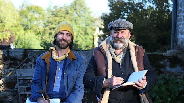 James Strawbridge and his dad, Dick sit in garden at Chateau