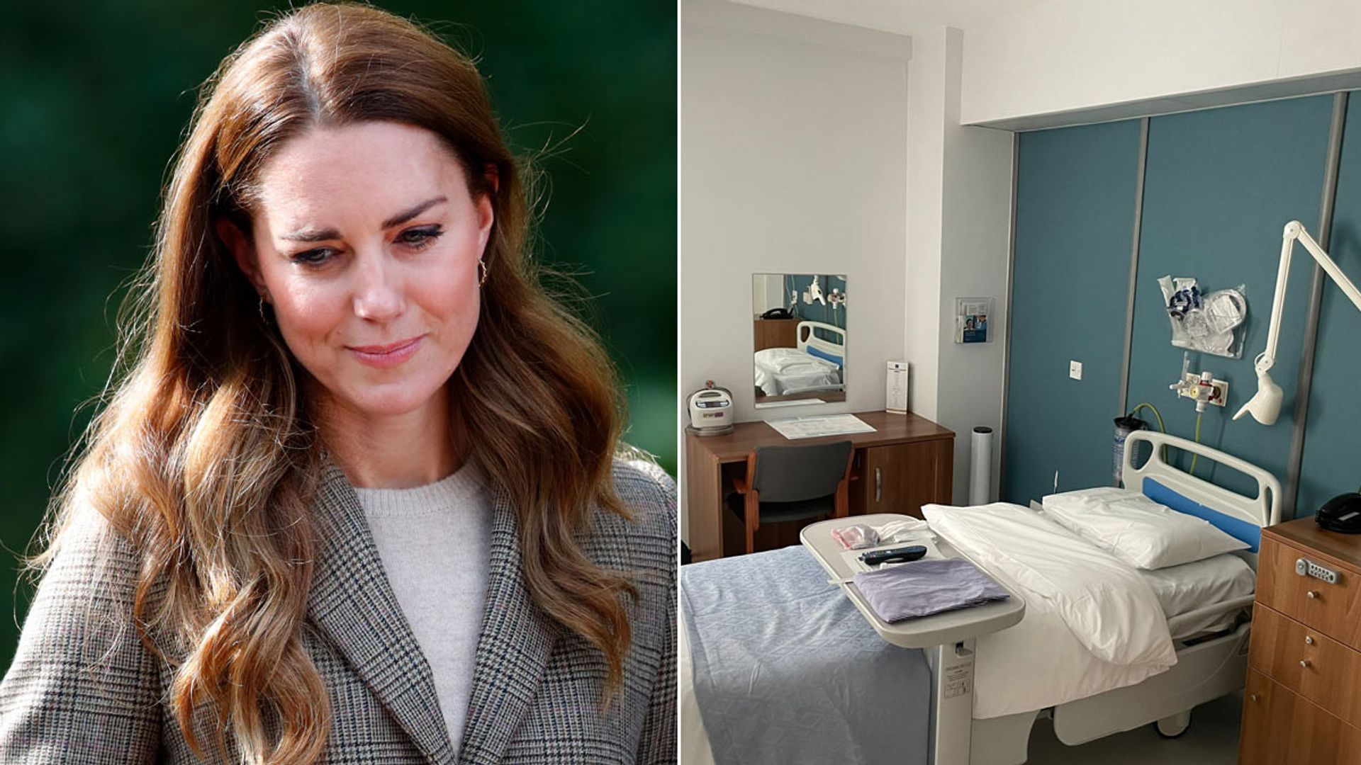 A split image of Princess Kate and a hospital room 
