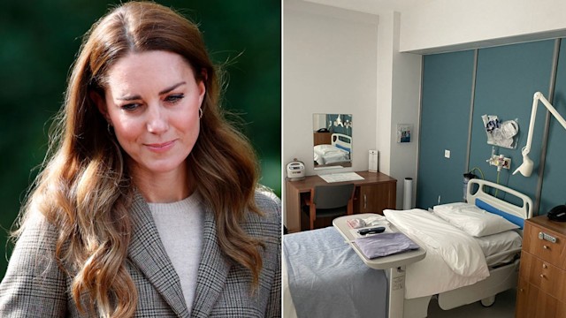 A split image of Princess Kate and a hospital room 