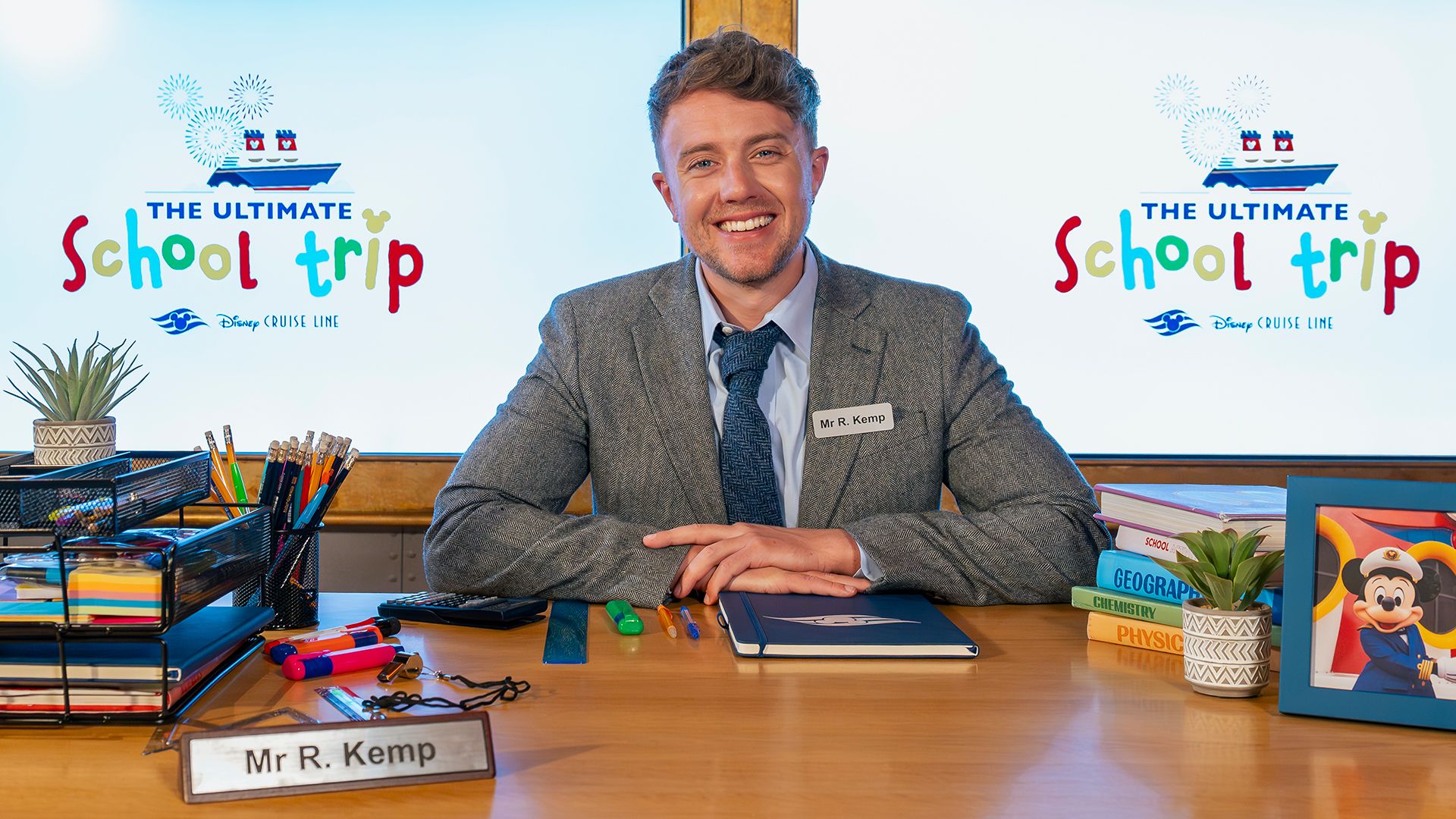 Roman Kemp dressed up as a supply teacher for the Ultimate School Trip with Disney Cruise Line competition