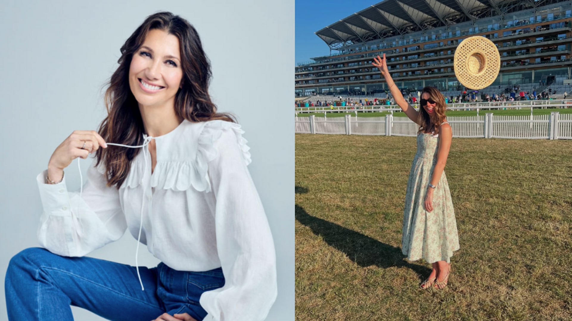 split screen of roise green looking smart and ready for autumn alongside a photo of her hat blowing away in the wind 