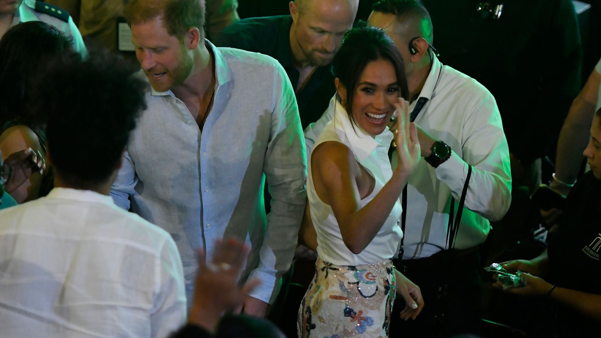 Prince Harry, Duke of Sussex, and Meghan, Duchess of Sussex are seen at the Afro Women and Power Forum at the Municipal Theater of Cali during a visit around Colombia on August 18, 2024 in Cali, Colombia