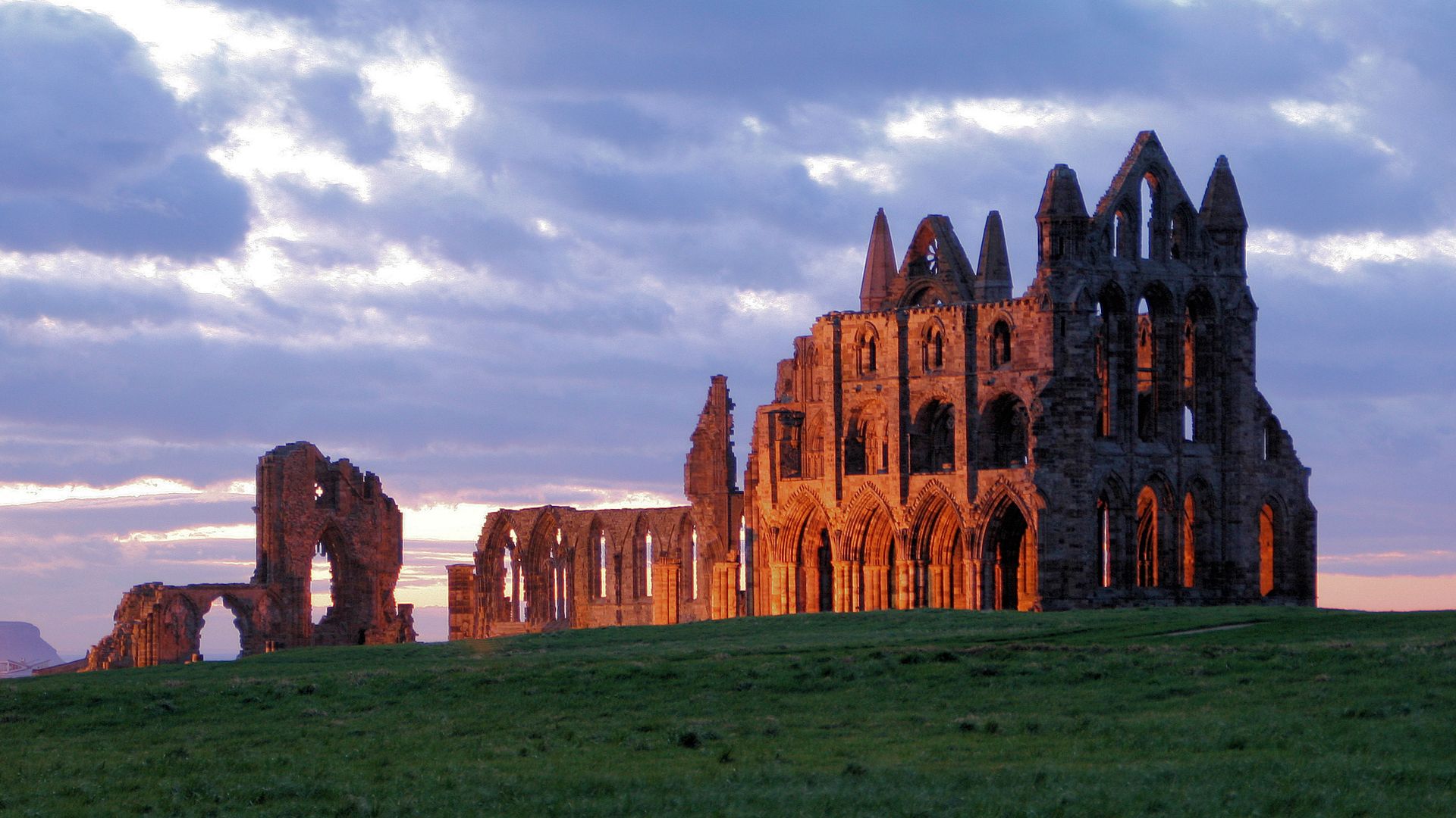 Whitby Abbey standing on the hill above the town. This is the remains of the great abbey church. 