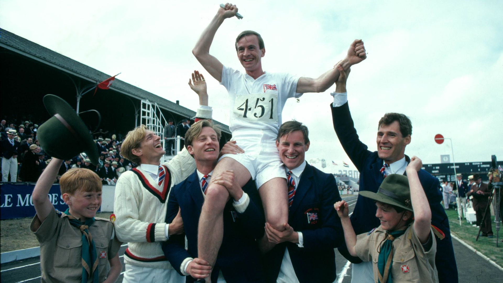 A scene from Chariots of Fire featuring Nigel Havers, Daniel Gerroll, Ian Charleson, Nick Farrell and Ben Cross