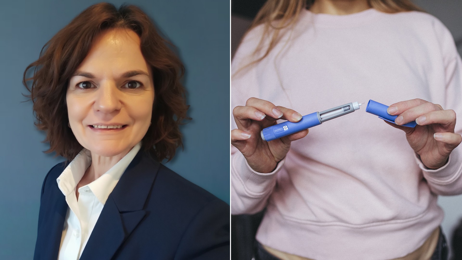 split image showing headshot of Dr Debra Marcos and a stock image of someone holding weight loss jab