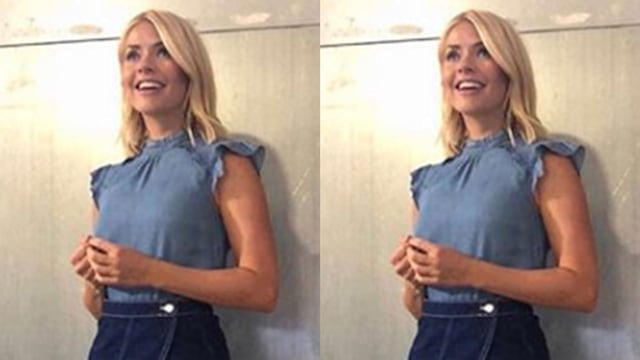 holly willoughby denim skirt red shoes instagram