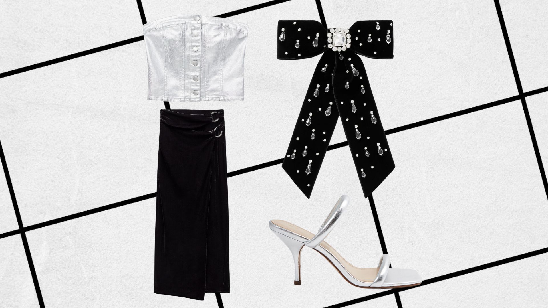 Outfit consisting of silver denim bandeau, black crystal-encrusted bow, black skirt, silver mules 