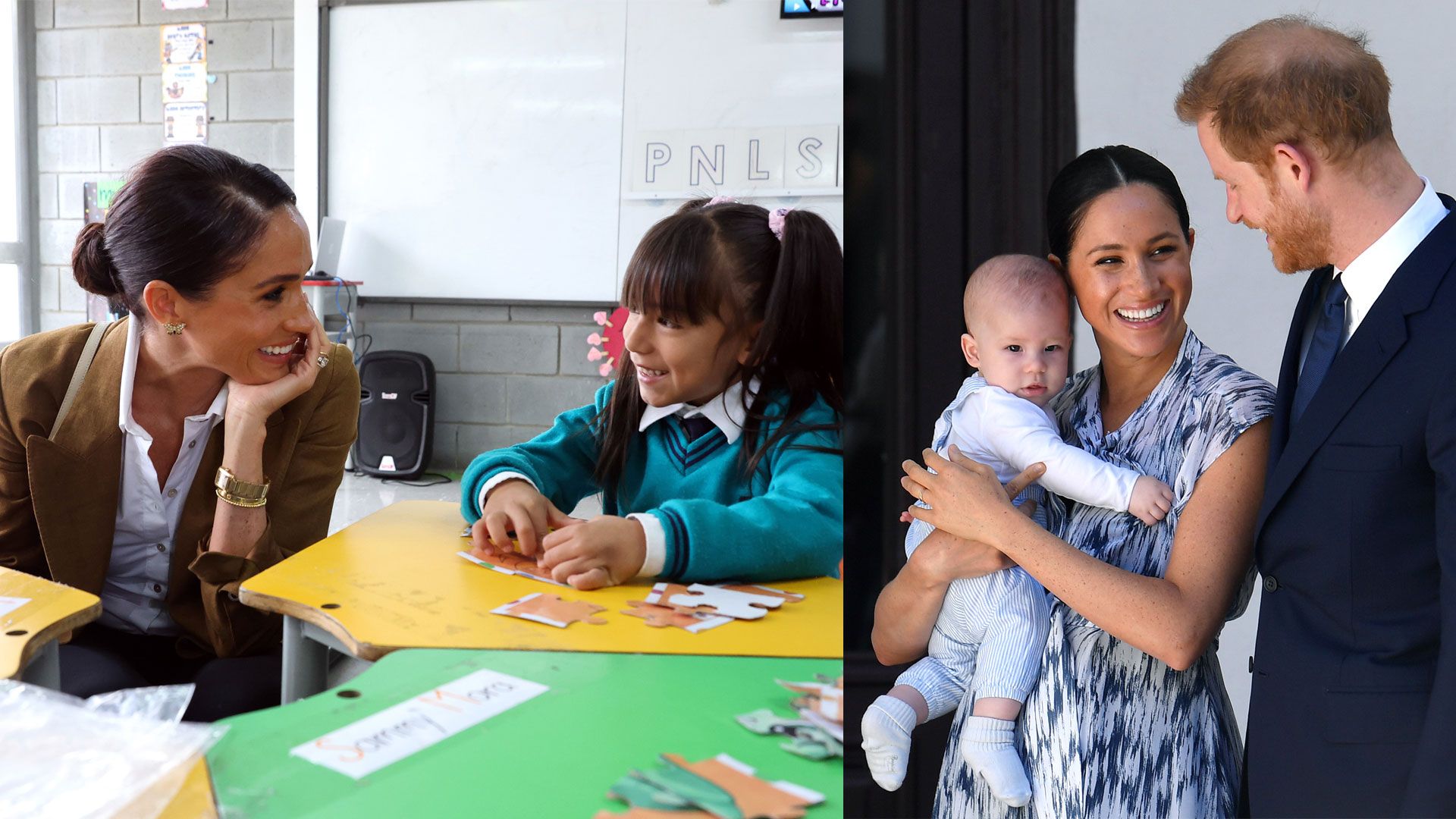 Meghan talking to school girl with meghan holding archie with harry
