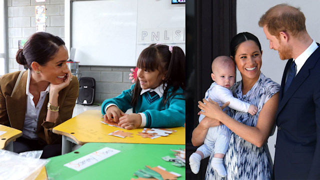 Meghan talking to school girl with meghan holding archie with harry