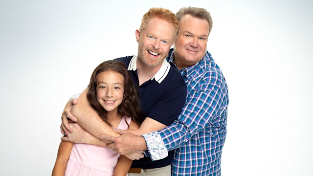 Aubrey Anderson-Emmons as Lily Tucker-Pritchett, Jesse Tyler Ferguson as Mitchell Pritchett, and Eric Stonestreet as Cameron Tucker on modern Family, 2018