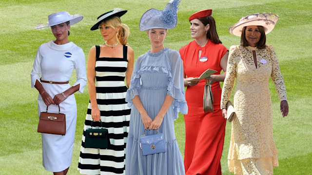 Ascot celebrities in high street from left, Gemma Owen, Clodagh McKenna, Millie Mackintosh, Princess Eugenie and Carole Middleton