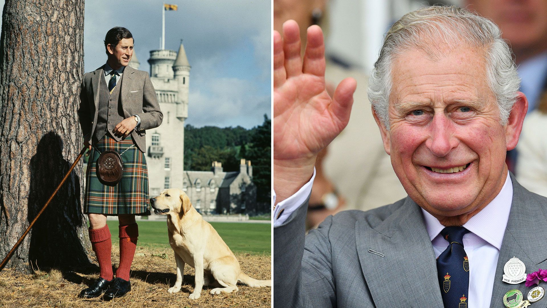 King Charles waving beside young charles outside balmoral castle with dog