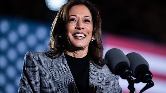 President Kamala Harris, Democratic nominee for president, speaks during a rally at Burns Park in Ann Arbor, Mich