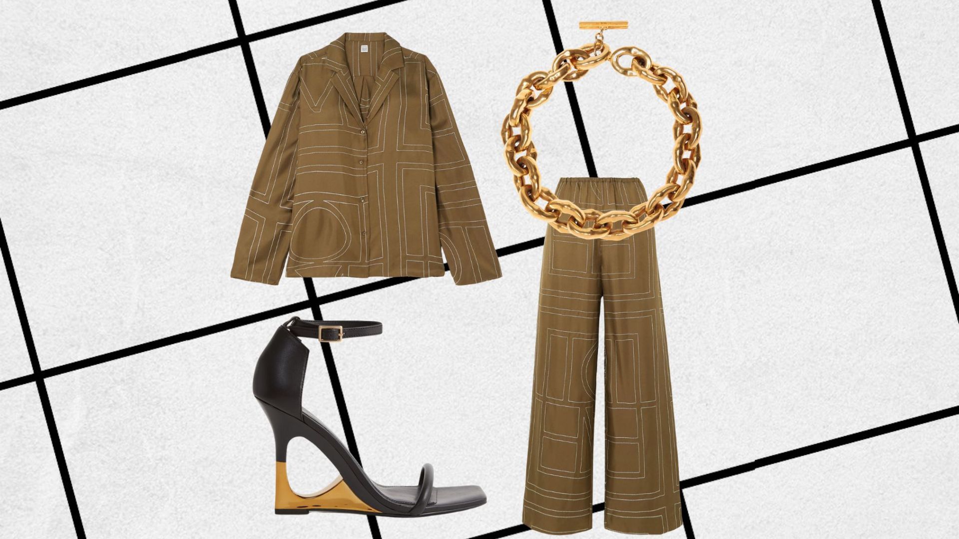 Outfit on a grey background featuring Toteme silky khaki wide-leg trousers 
