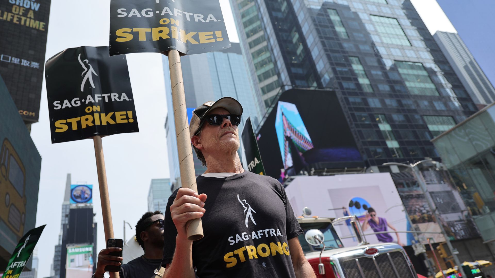Kevin Bacon and SAG-AFTRA members and supporters protest as the SAG-AFTRA Actors Union Strike continues on Day 5 in front of Paramount Studios at 1515 Broadway on July 17, 2023 in New York City. Members of SAG-AFTRA, Hollywoodâs largest union which repr